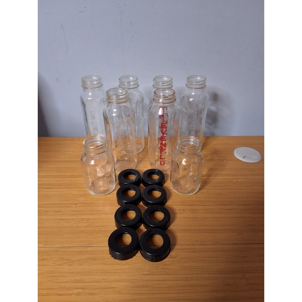 Vintage Lot Of 8 Evenflo Glass Baby Bottles, Six 8oz & Two 4oz WIth 8 Rings. GVC